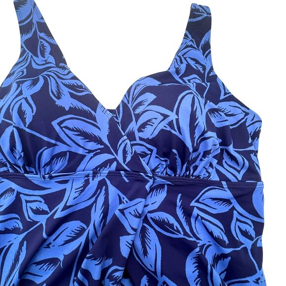 SWIM 365 Women's 20 Blue Tropical Leaf Print‎ Padded One Piece Swimsuit Dress - Picture 1 of 9